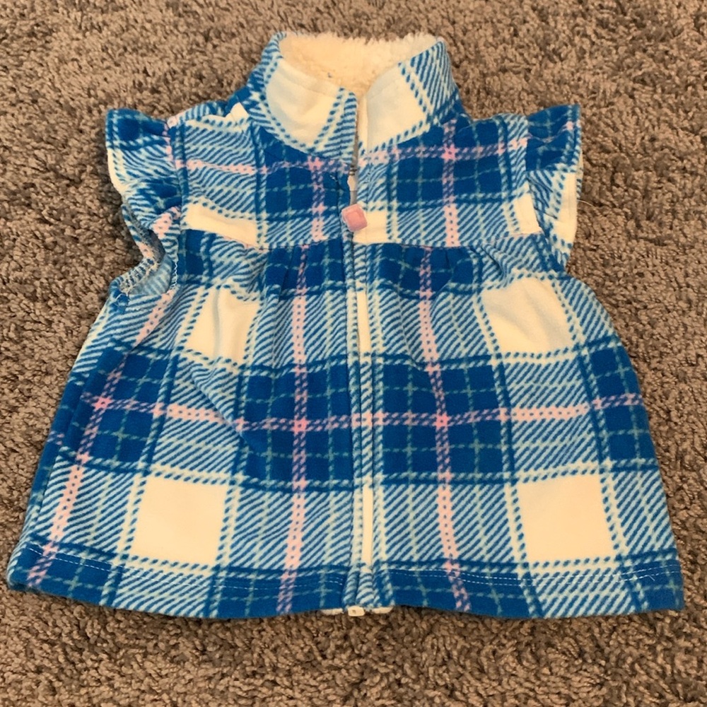 Carter’s Blue and Pink Plaid Fleece Vest Size 3M EUC